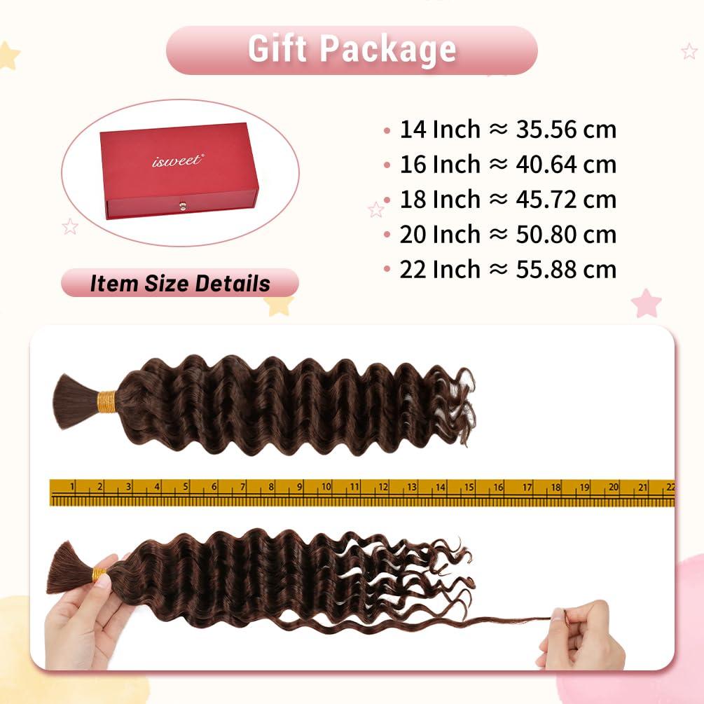 ISWEET 2 Bundle Human Braiding Hair for Boho Braids, 16Inch 80G #4 10A Brazilian Virgin Deep Wave Bulk Human Hair for Braiding, Wet And Wavy No Weft Curly Braiding Hair for Boho Knotless Braids