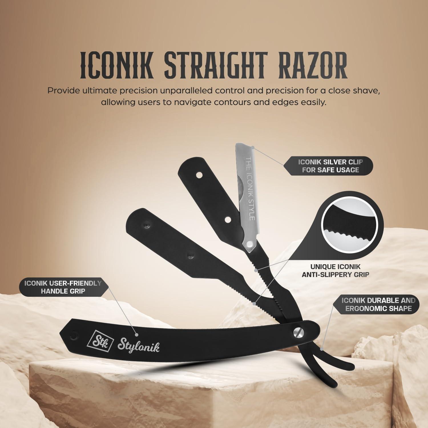 Stylonik Stylonik Professional Straight Edge Barber Razor 60 Single/30 Double-Sided Stainless Steel Blades for Men & Women, with Leather Case (Silver)