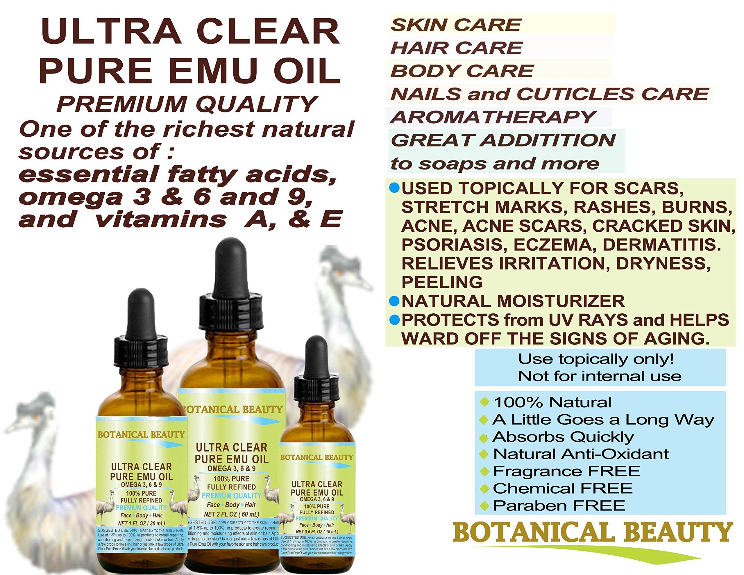 Botanical Beauty PURE EMU OIL 100% Natural RAW VIRGIN UNREFINED for FACE, BODY, HANDS, FEET, NAILS, HAIR and LIP CARE 1 Fl. oz. - 30 ml by Botanical Beauty