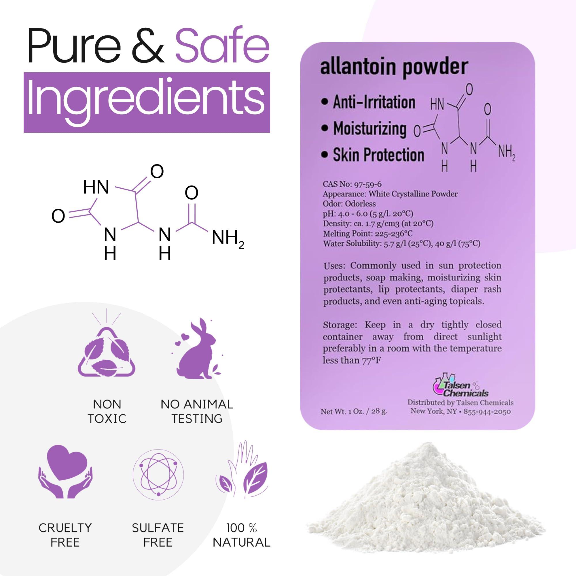 Talsen Chemicals Allantoin Powder Cosmetic Grade 1 Oz / 28 Grams - Organic Allintoin for DIY Emulsion Cream Lotion Skin Care - Hydrates & Promotes Exfoliating Dry Skin Ideal for Skincare by Talsen Chemicals