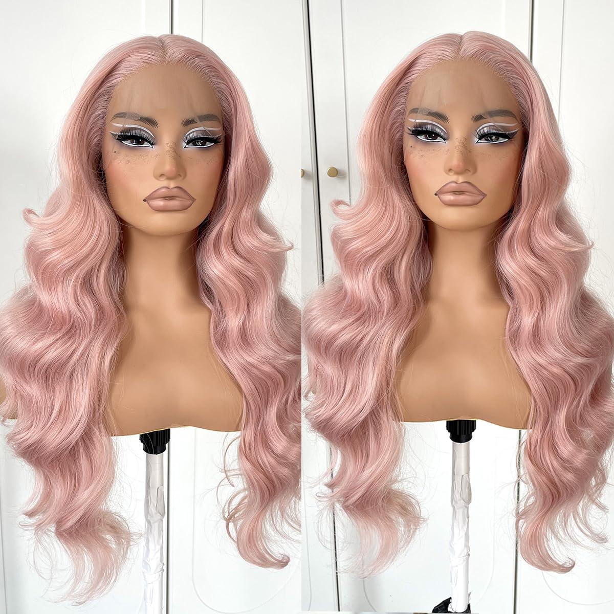 MITIMES MITIMES Pink Wigs Glueless HD Lace Front Wigs Pre Plucked Synthetic Body Wave Wear And Go Lace Front Wig For Cosplay Party Light Pink Wig With Natural Hairline For Fashion Women