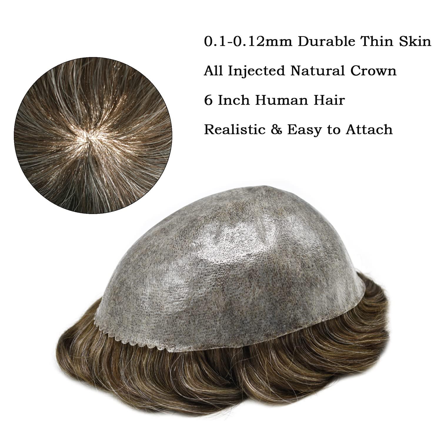 Generic Hair System for Man Full Poly Skin PU Toupee for Man Human Hair System for Men Toupee 8\"X10\" Male Hair Prosthesis (8X10\" 120% Density, 430 4# MEDIUM BROWN WITH 30% SYNTHETIC GREY)