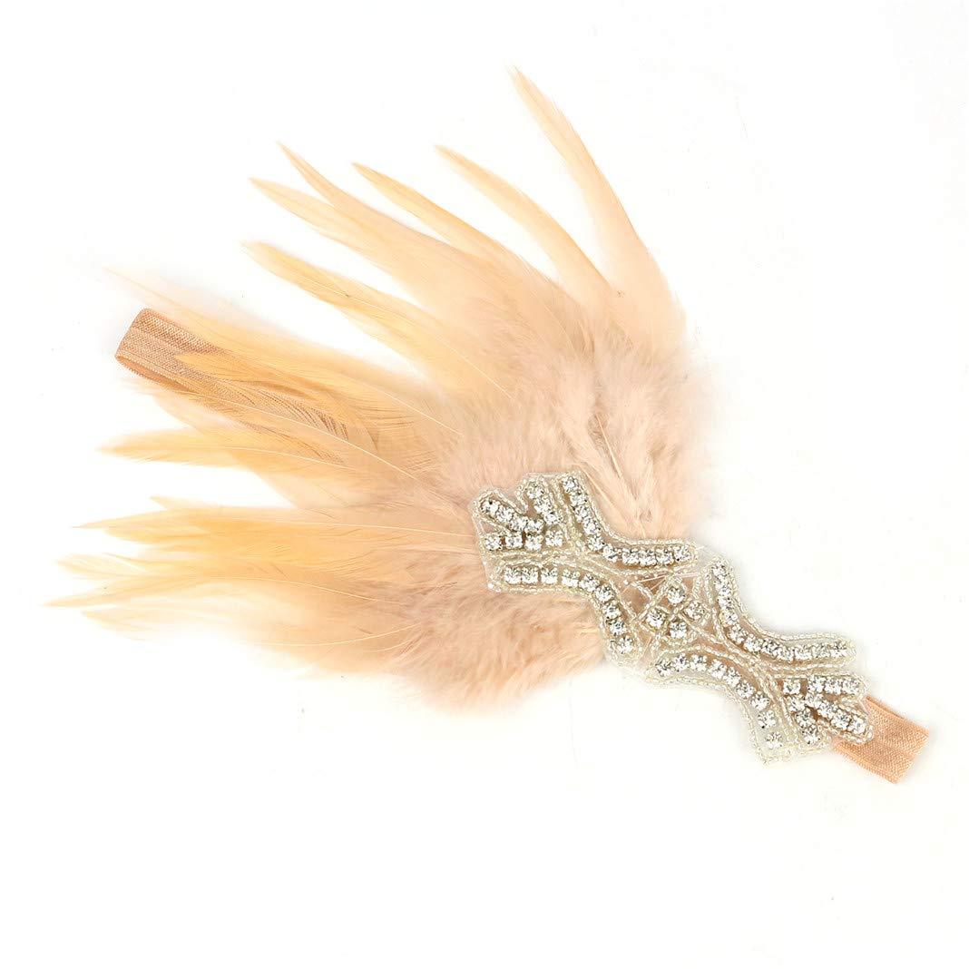 Lovfingu Art Deco 1920s Flapper Headband Feather Roaring 20s Great Gatsby Headpiece for Women Hair Accessories Silver Champagne