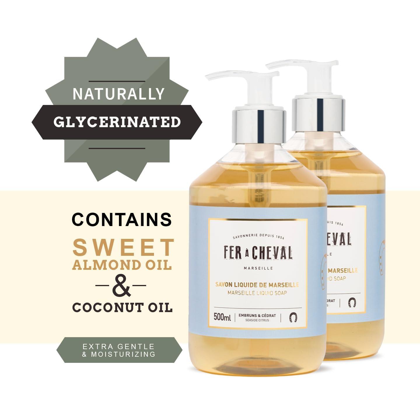 Fer a Cheval Fer Cheval Marseille Liquid Soap, Luxury French Liquid Soap, Savon Liquide De Marseille, Seaside Citrus 500ml, Set of 2, 16.9 f oz