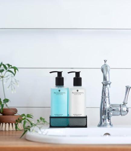Pecksniff\'s Pecksniffs Kitchen Soap Dispenser Set, Moisturizing Liquid Hand Soap Lotion Set for Kitchen Sink Bathroom Countertop with Black Metal Mesh Caddy, 10.14 Fl oz (Sandalwood and Vanilla)