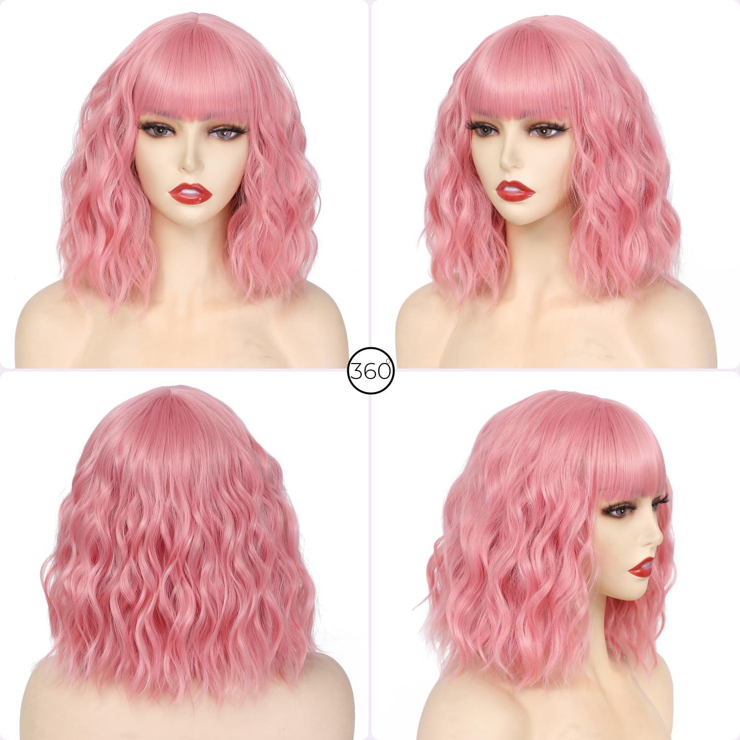 VOLLIUKE VOLLIUKE Short Pink Bob Wavy Wig with Bangs for Women Shoulder Length Women\'s Charming Synthetic Wigs with Natural Wavy Pink Heat Resistant Fiber Wig for Daily Party Use
