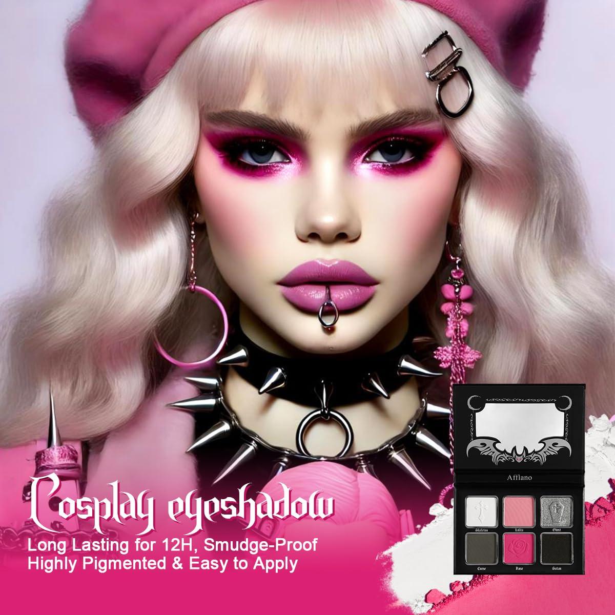Afflano Afflano Pink Goth Eyeshadow Palette, Pink Smokey Eyes Makeup Eyeshadow Pallet With Mirror, for Goth Girls and Women Long Lasting Daily Valentine makeup, Dark Emo Halloween Clown SFX Gothic Looks