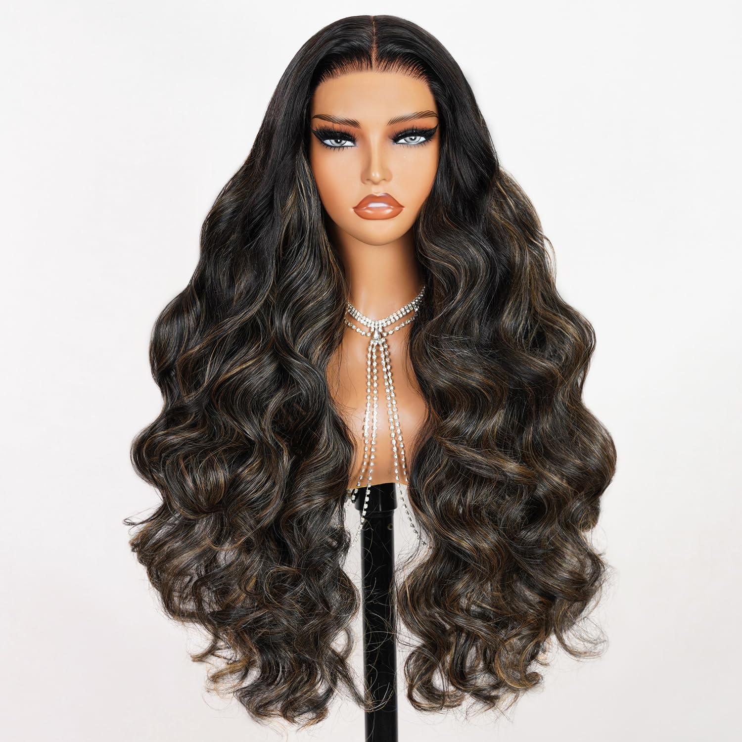 TESLAL TESLAL Balayage Wear and Go Glueless Wig Pre Cut HD Lace 6X6 Lace Wig 26 Inch 260% Density 1B/27 Highlight Body Wave Human Hair Blend Premium Fiber Wigs By Crafted Technology