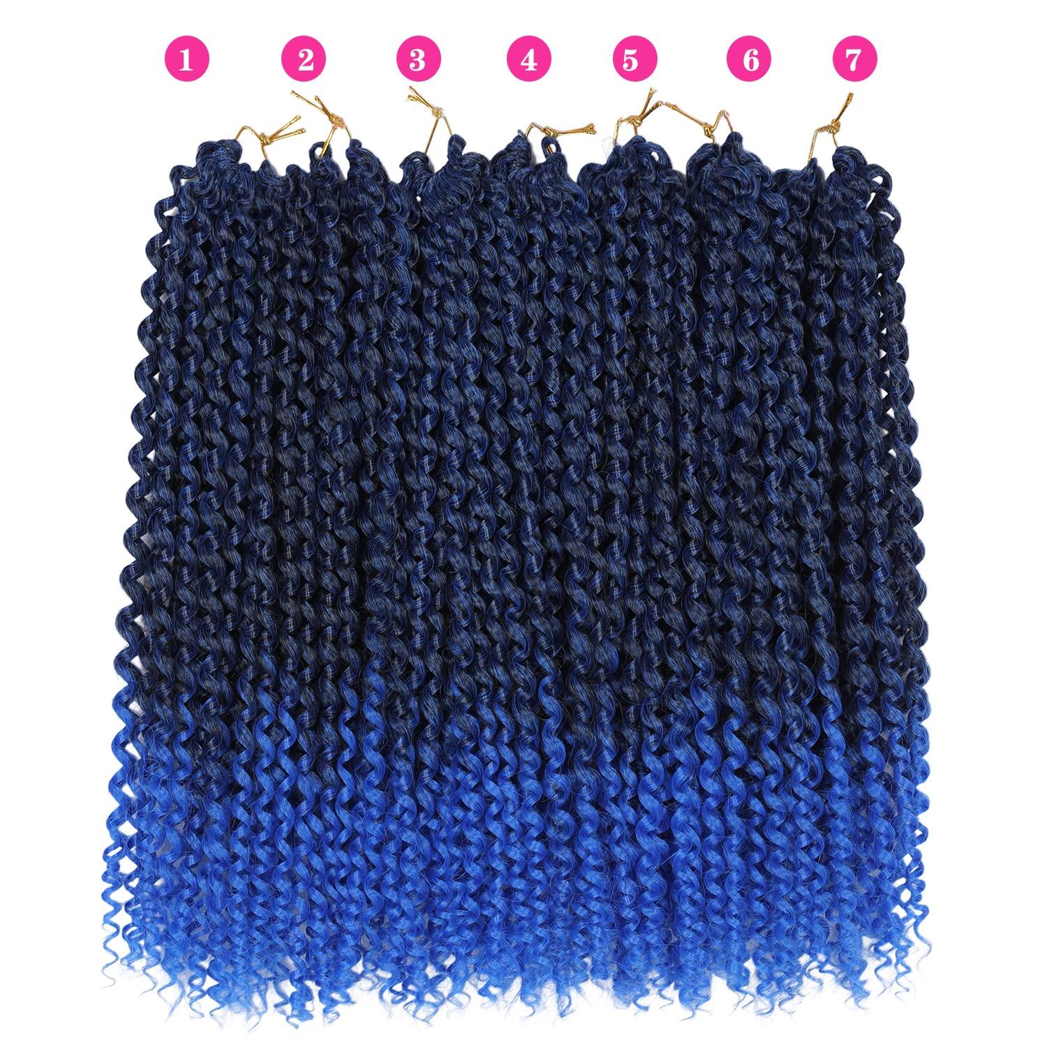 Ubeleco 14 Inch Ombre Blue Passion Twist Hair, Water Wave Crochet Hair For Women Passion Twist Crochet Hair 22 Strands/Pack Bohemian Synthetic Curly Braiding Hair Extensions (14 Inch (Pack of 7),1B/Blue)