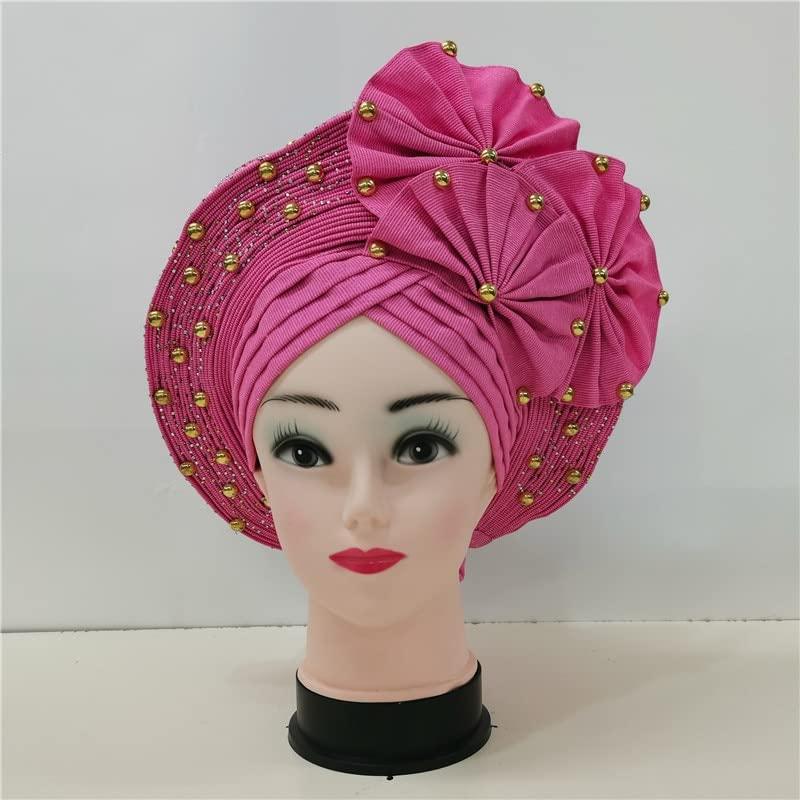 Generic Nigerian Head Wrap ASO Oke Nigeria for Traditional Marriage headtie Already Made African headtie with Beads&Stones Bonnet for Party 1set -ASO Oke African Head tie
