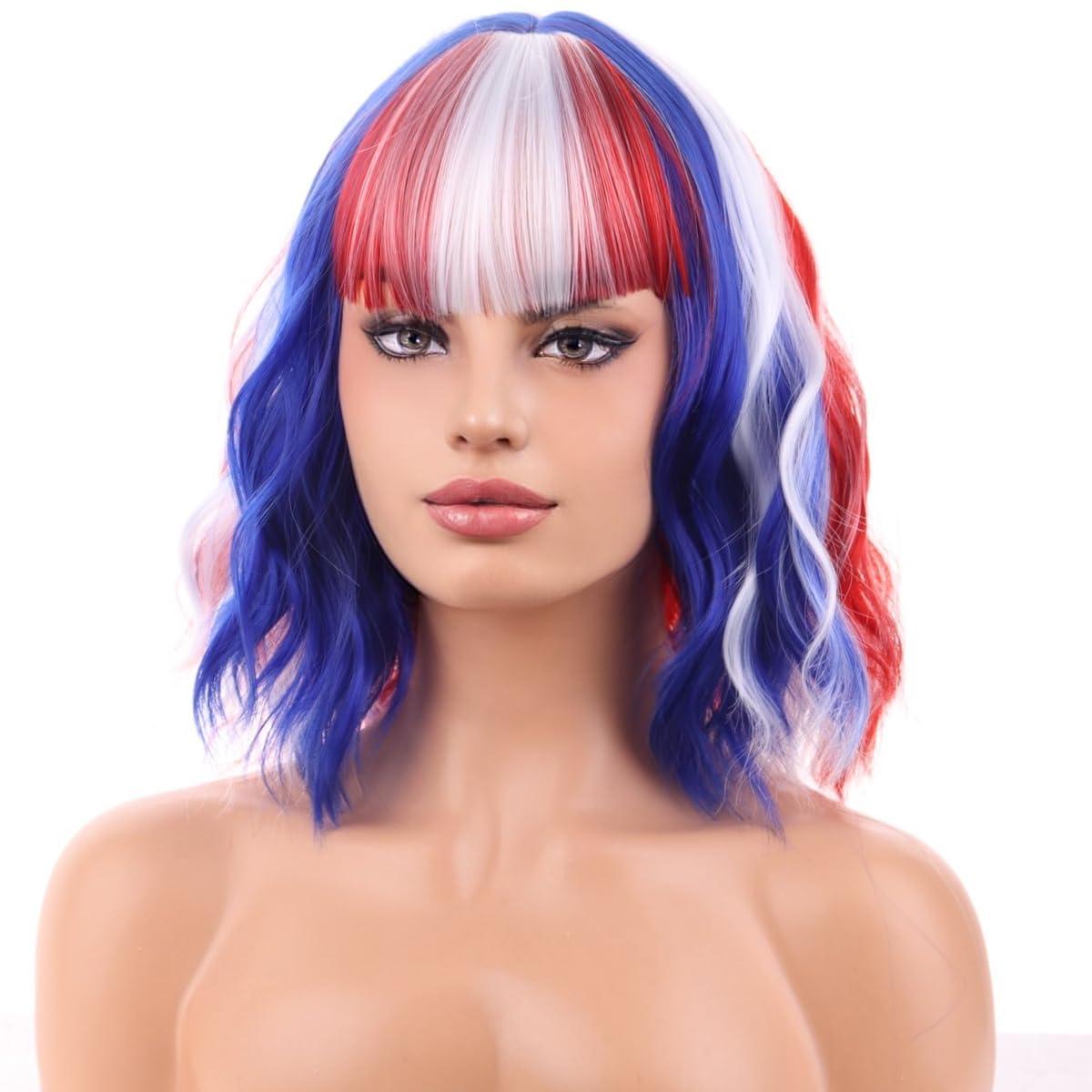 MAGQOO MAGQOO Blue Red White Wig Red Blue White Bob Wig 4th of July Wig Flag Wig White Red Blue with Bangs Short Curly Wavy Blue White Red Wig Cosplay Costume Wig
