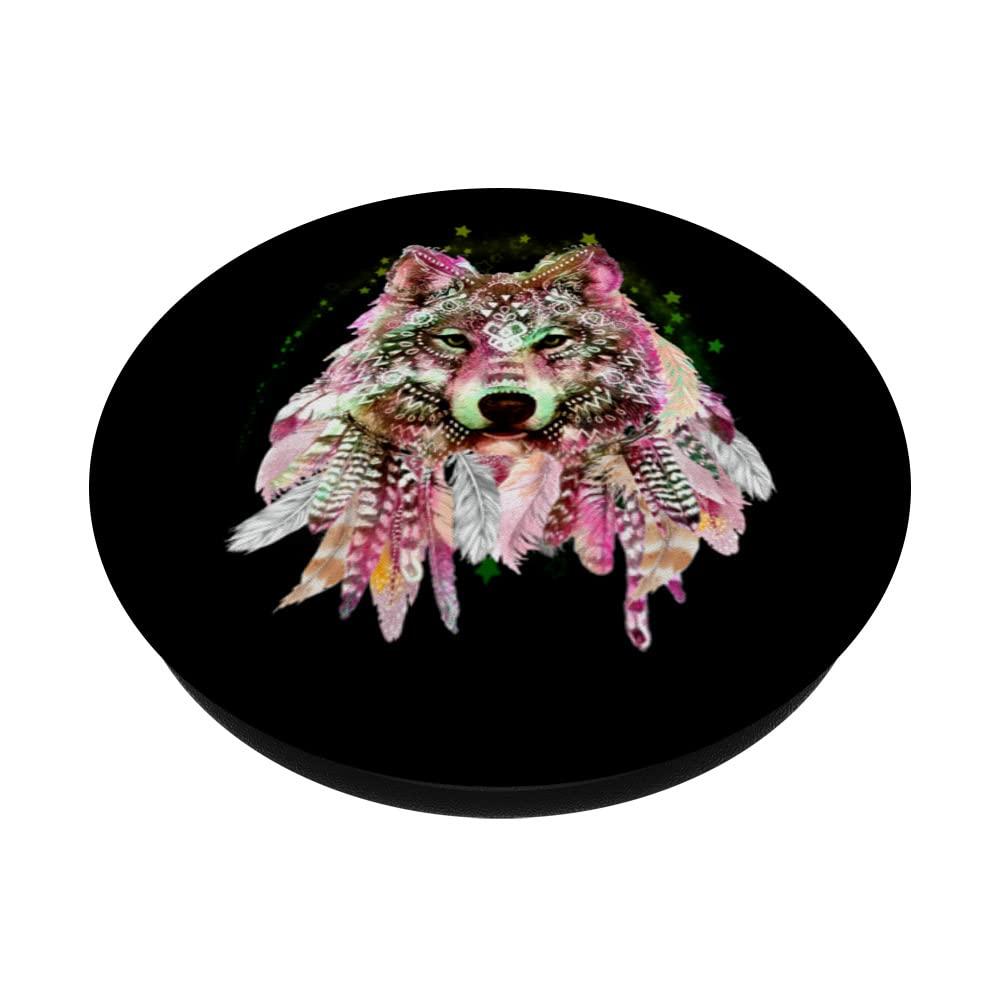 Tribal Wolf Head Stars Native Native American Wolf Head Tribal Bohemian Tattoo Art PopSockets Standard PopGrip