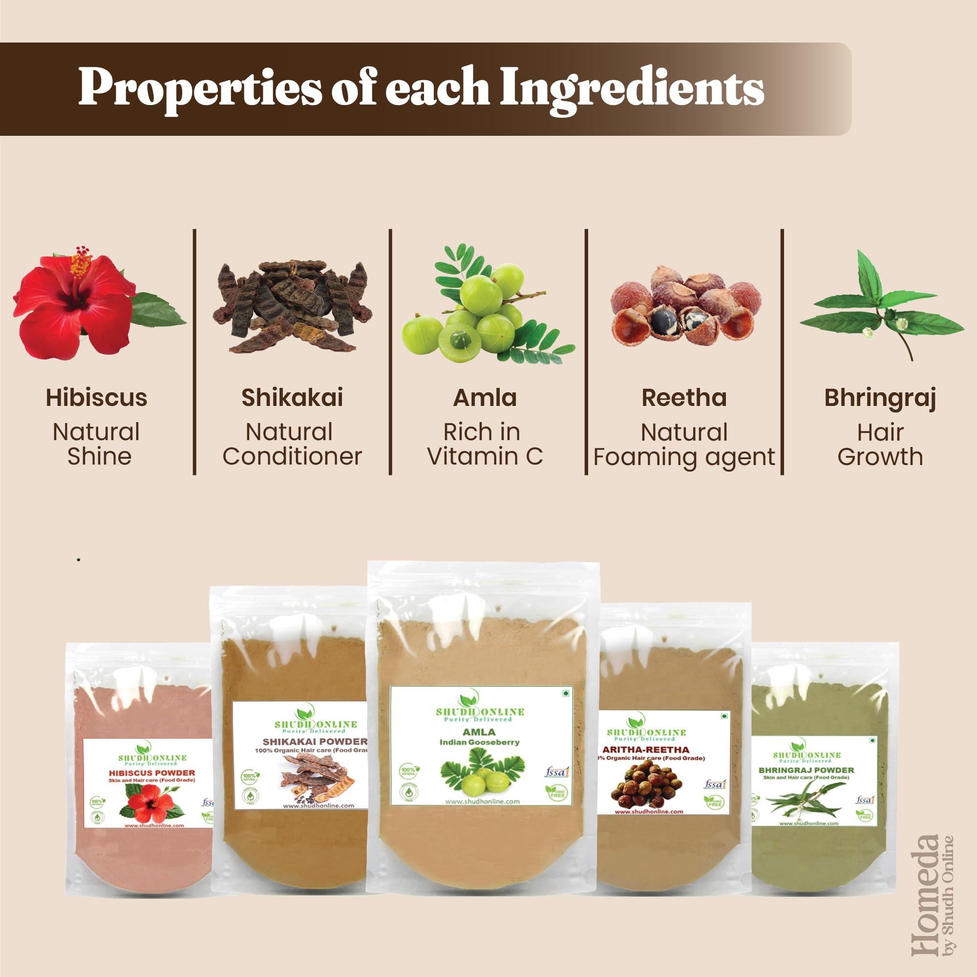 Shudh Online Herbal Hair Mask Powder Combo, Indian Ayurvedic Herbal Powder for Hair Growth (8.8oz, 250g), Organic Bhringraj, Hibiscus, Shikakai, Reetha, Amla Shampoo (1.76oz each)