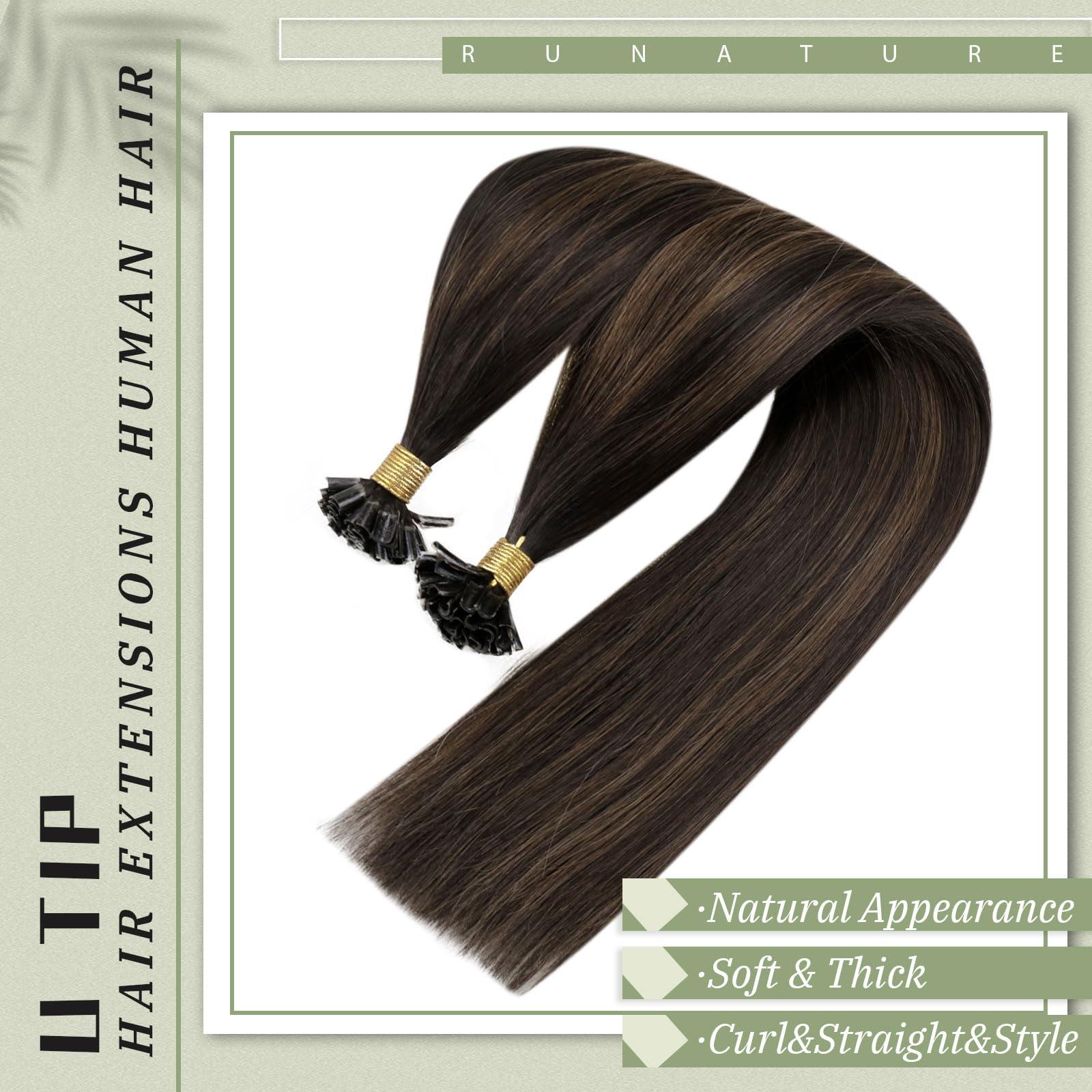 RUNATURE RUANTURE U Tip Hair Extensions Real Human Hair Ombre U Tip Hair Extensions Human Hair Balayage Dark Brown to Ash Brown Utip Keratin Hair Extensions Human Hair 14 Inch Short Hair 50g 50s