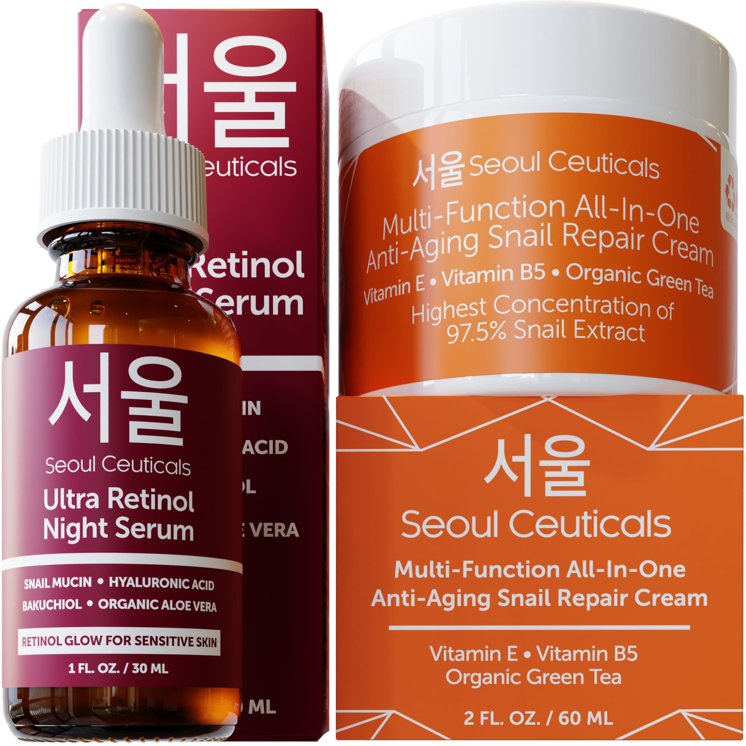 SeoulCeuticals SeoulCeuticals Retinol Serum + Snail Mucin Moisturizer Cream - Korean Anti Aging Skincare Set