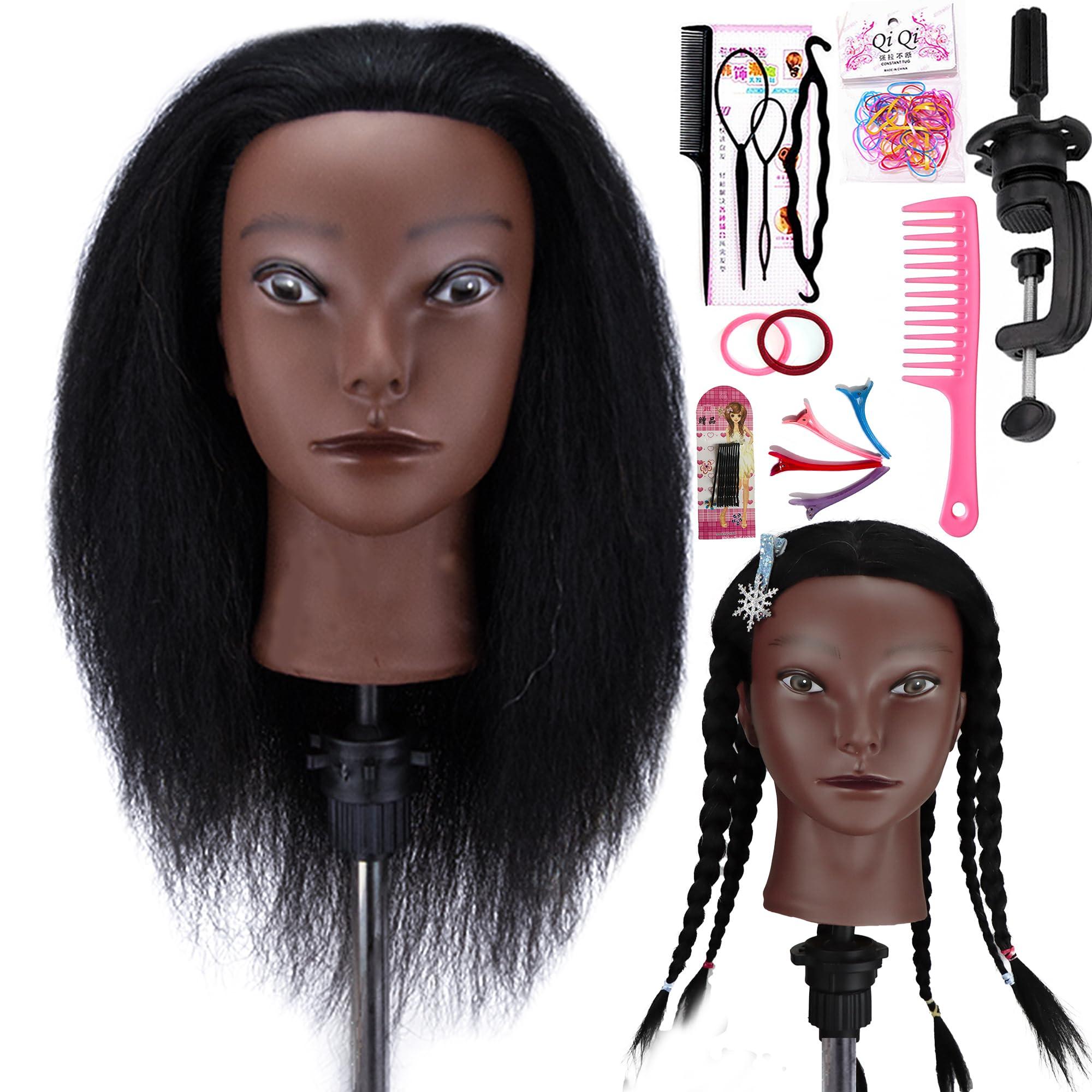 simnient Mannequin Head with 100% Human Hair Mannequin Head Curly Cosmetology Afro Mannequins Heads with Stand for Practice Braiding Styling Training Head Hair Styling With Gift