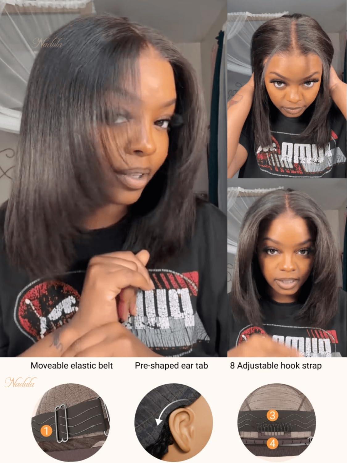 Nadula Nadula Bye Bye Knots Glueless Yaki Straight Bob 7x5 Lace Front Wigs Human Hair Pre Plucked Invisible Knots Pre Everything 3S Ready to Wear Short Yaki Bob Wigs Pre Cut 150% Density 12inch