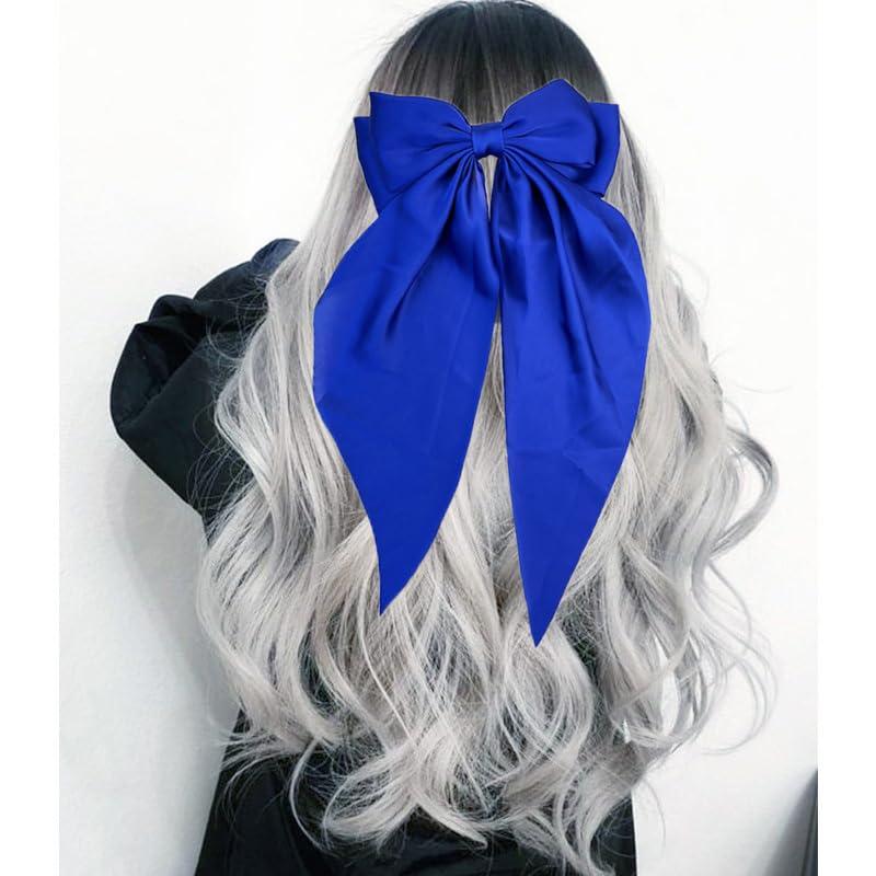SALOCY SALOCY Blue Hair Bows,2 PCS Satin Hair Bows Clip Big Blue Bow for Women Hair Ribbons Long Tail Hair Bow Hair Barrettes for Wedding Prom Party Charm (Light Blue,Royal Blue)