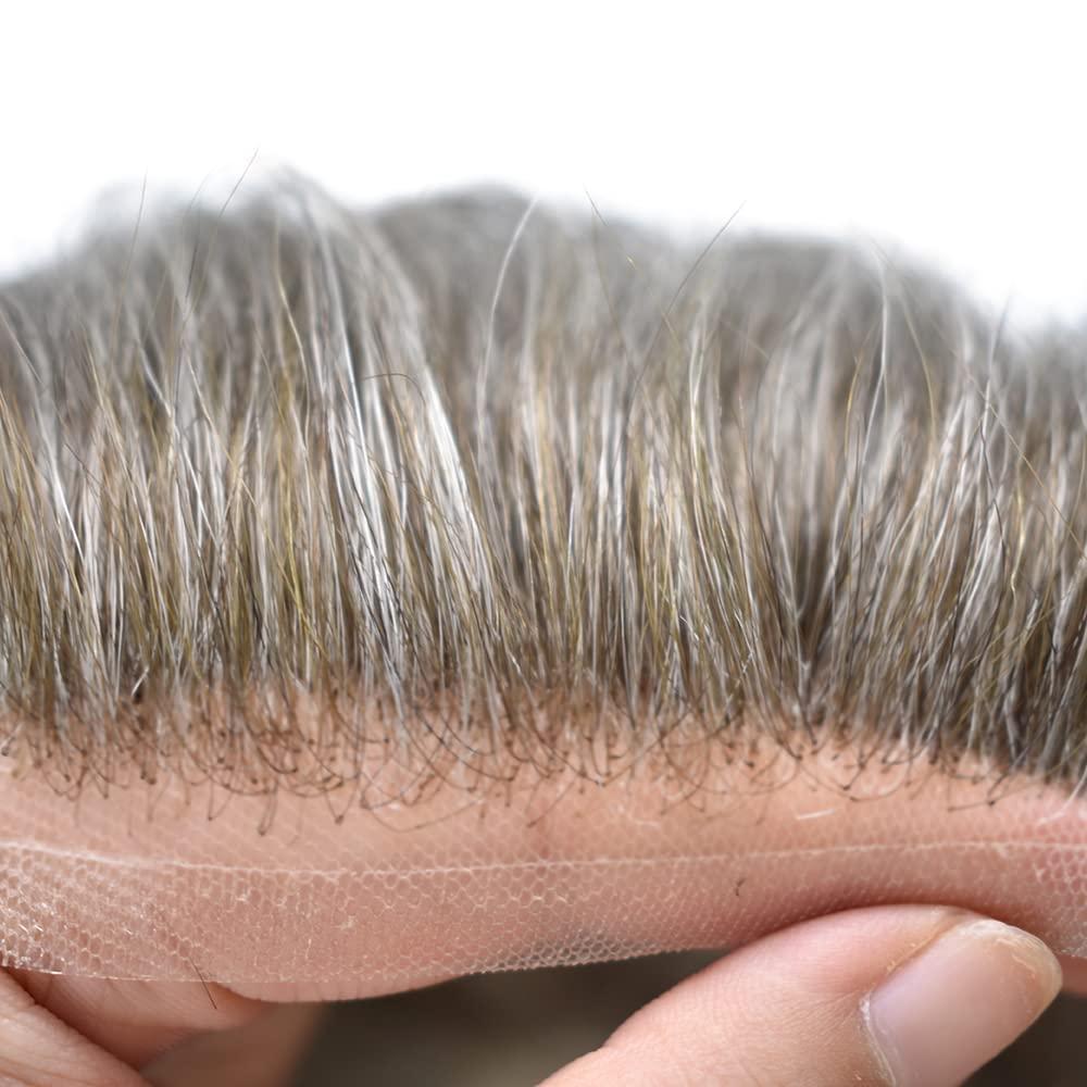 Generic Toupee for Men Hairpiece Human Hair Replacement Systems French Lace Front Mens Toupee Bleached Knots Natural Hairline Swiss lace Hair Systems for Men Grey Black Brown Blone Male Wig Unit(8X10\"-100% density#640 Light Brown with 40% Gray )