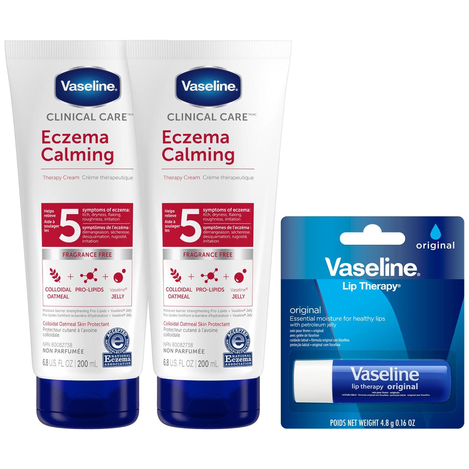 Vaseline Vaseline Eczema Lotion, Calming Therapy Cream 2-Pack with Colloidal Oatmeal + Original Vaseline Lip Therapy for Dry Lips with Petroleum Jelly (3 Piece Set)