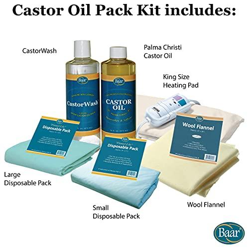 Baar Baar Castor Oil Packs Kit: Heating Pad with Auto Shut Off; Cold Pressed, Cold Processed, Hexane Free, Palma Christi Castor Oil; Reusable, Unbleached Wool Flannel Cloth; & Disposable Castor Oil Packs