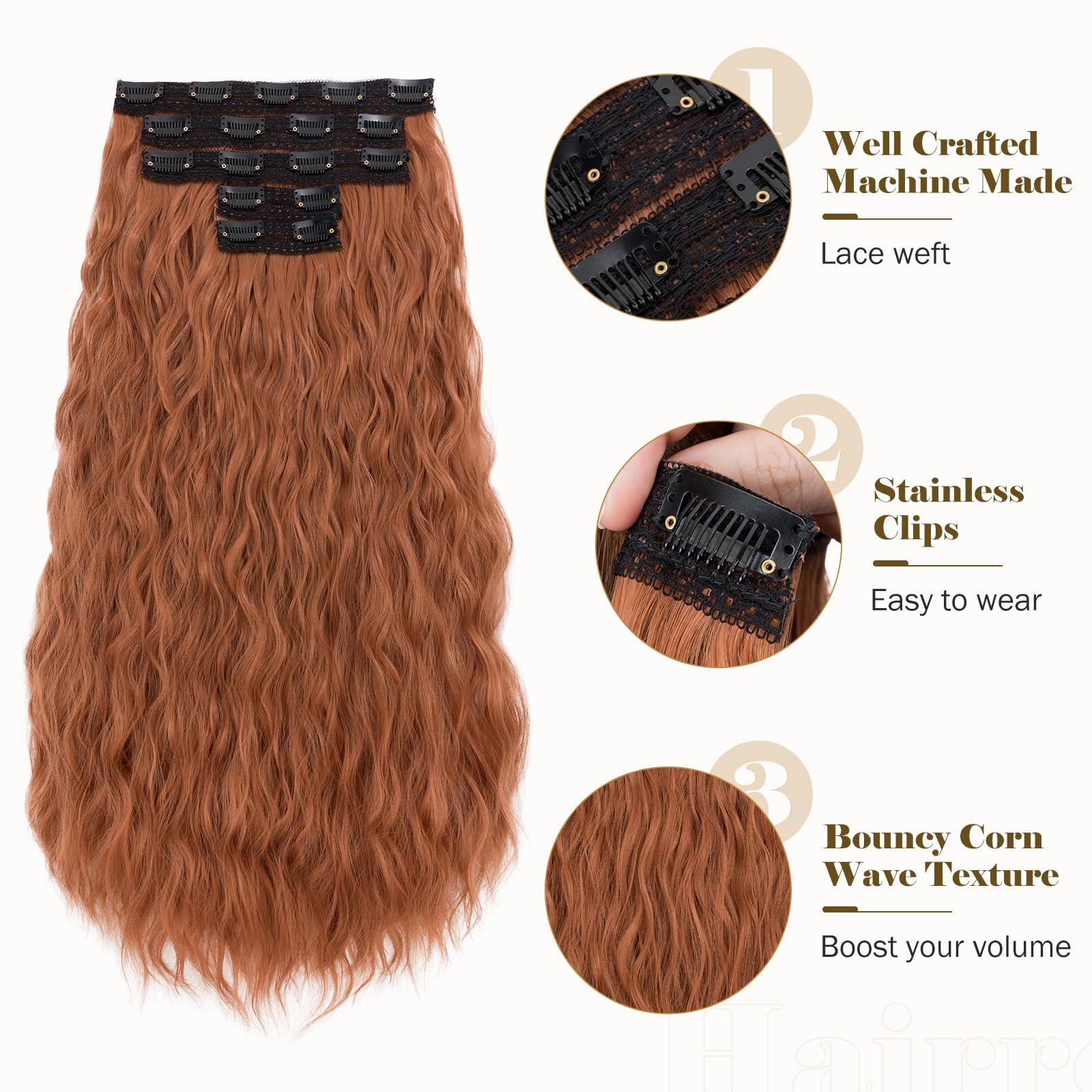 Hairro Hairro Clip In Hair Extensions 5PCS 17 Clips Ginger Copper Red Hair Extensions Synthetic Long Wavy Loose Wave Invisible Lace Weft Clip Ins Hairpiece For Women 24\" 250g #T1439