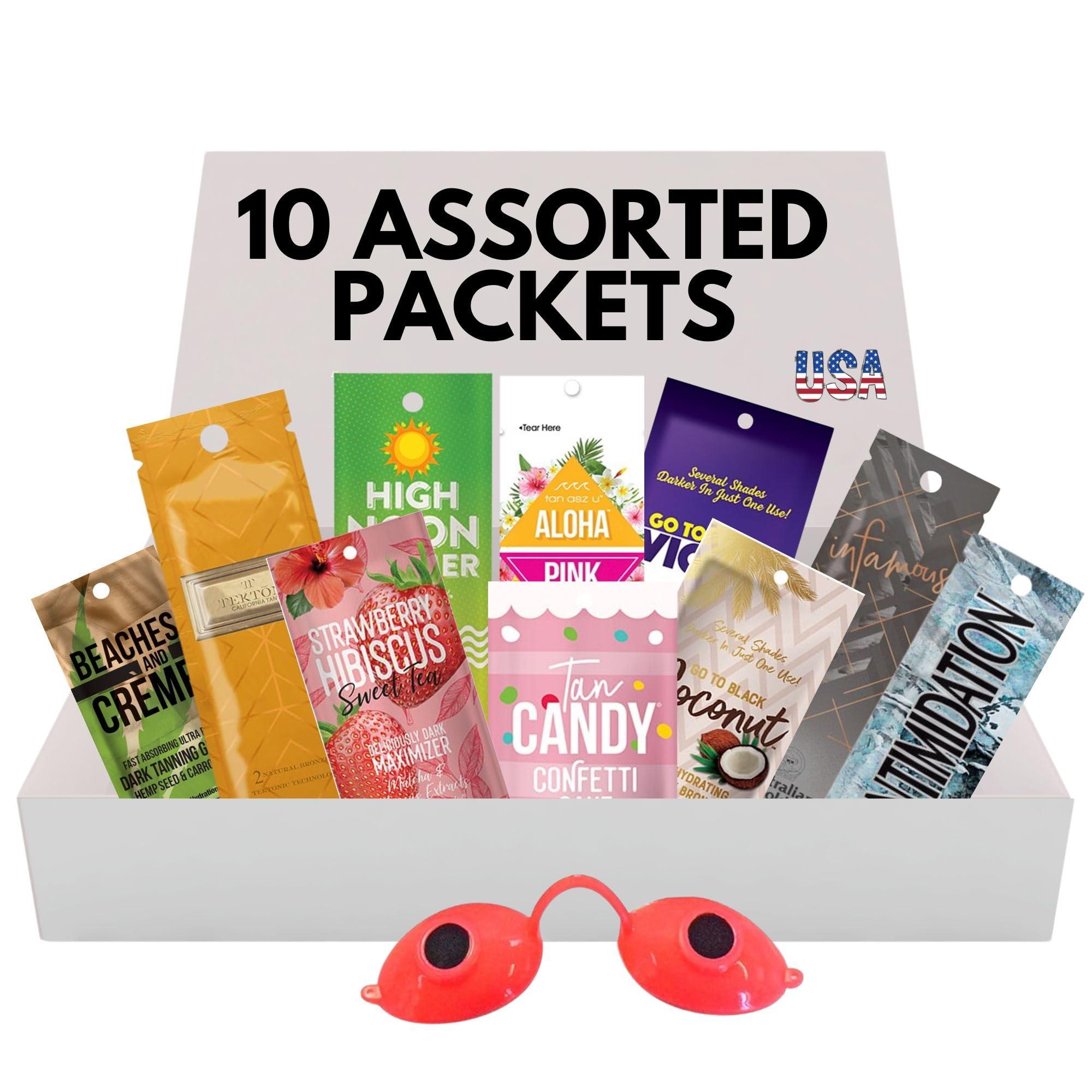 ES Global Brands 10 Pack of Tanning Bed Lotion + Eyewear  Tanning Bed Lotion Packet Box, Best Lotion for Tanning, Indoor Bed Lotion, Outdoor Sun Tan Lotion, Tanning Accelerator (0.5 oz each)