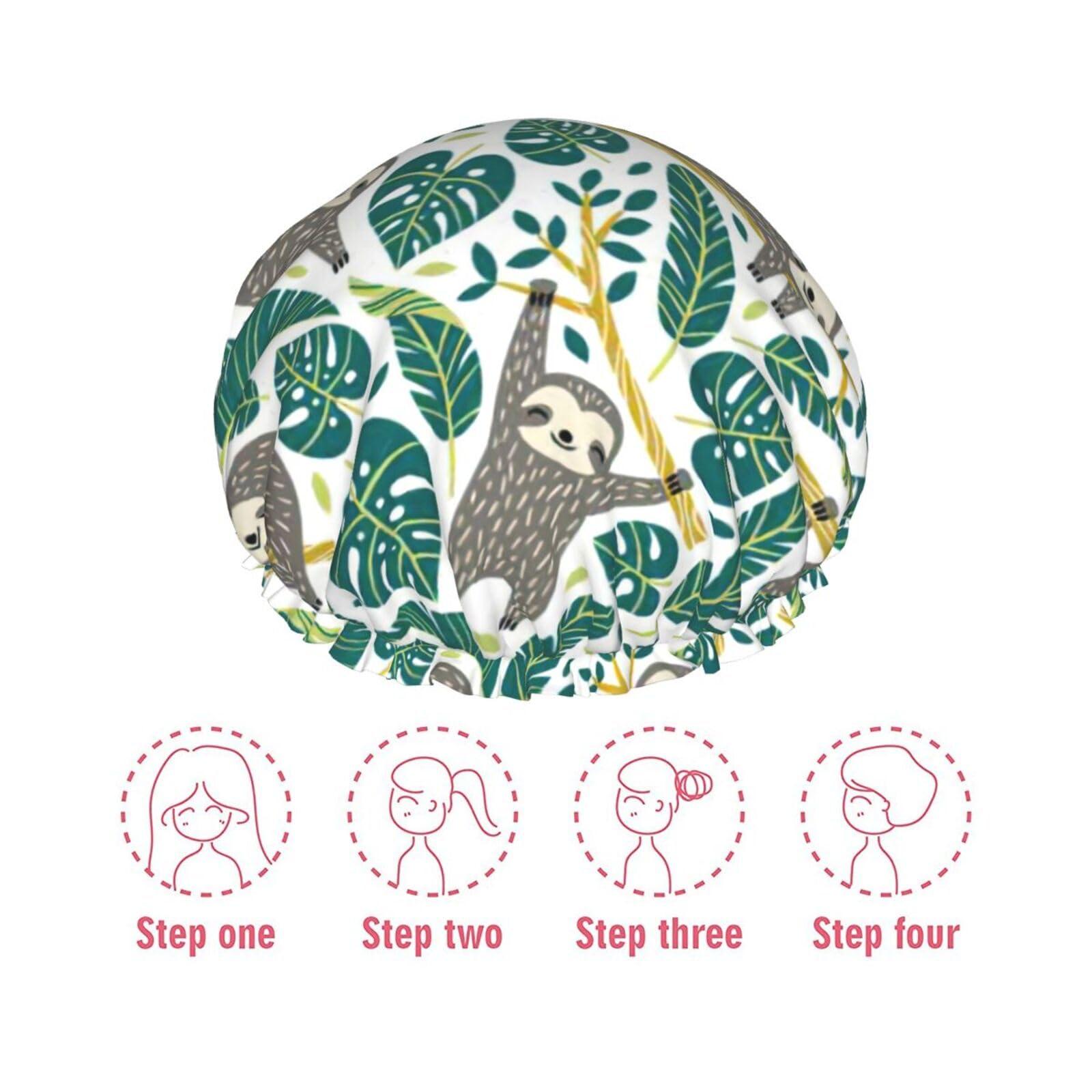 WURTON WURTON Adorable Sloth Print Soft Shower Cap for Women, Reusable Environmental Protection Hair Bath Caps