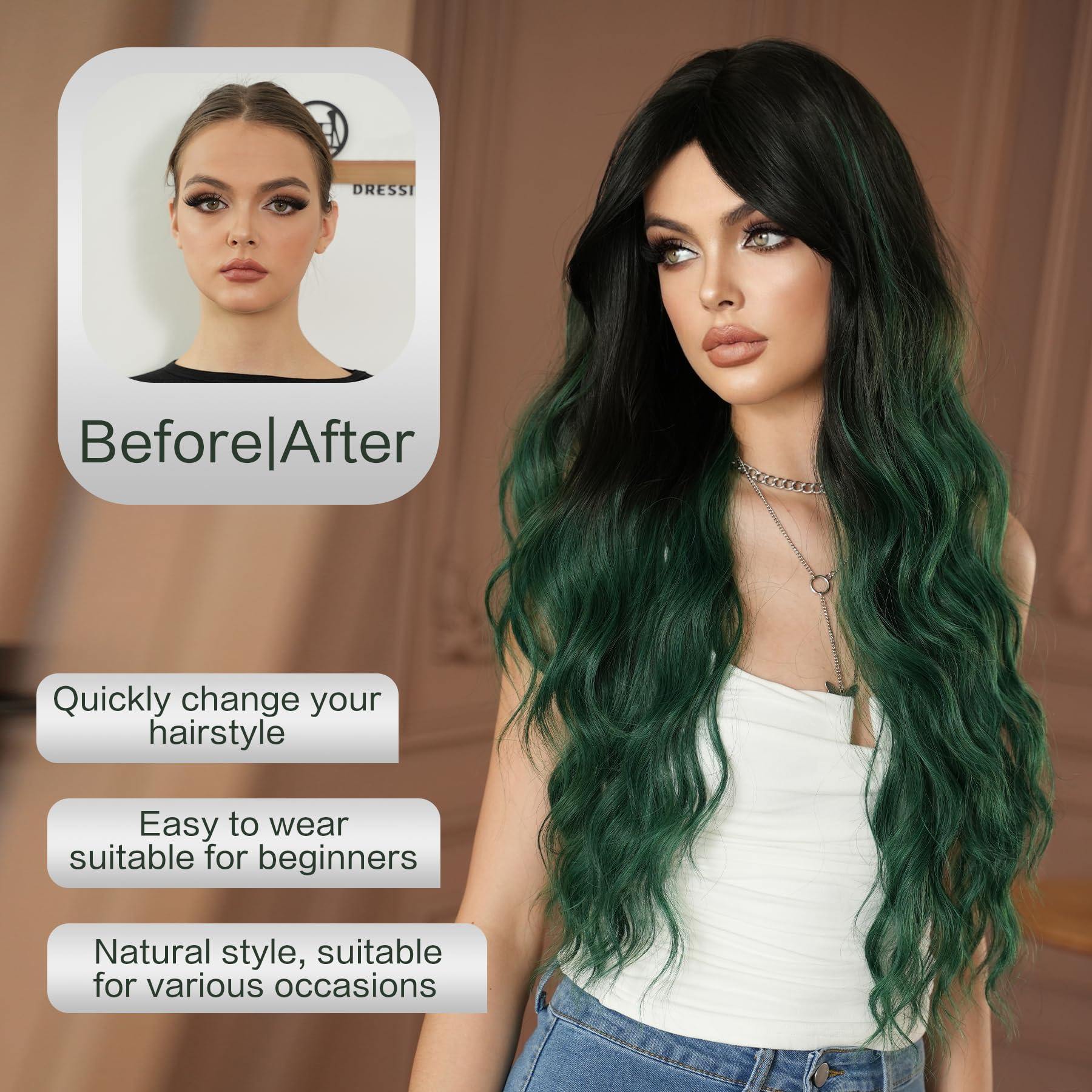 7JHH WIGS 7JHH WIGS Long Wavy Synthetic Dark Green Ombre Wigs with Dark Roots Black Green Ombre Hollween Curly Cosplay Party Wigs for Women Used