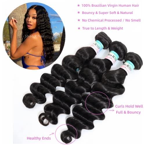 Shao R hair Loose Deep Wave Bundles with Closure 100% Unprocessed Virgin Human Hair Loose Wave Bundles with Closure Brazilian Curly Bundles with Closure Human Hair 18”20”22” with 16” Closure Natural Color