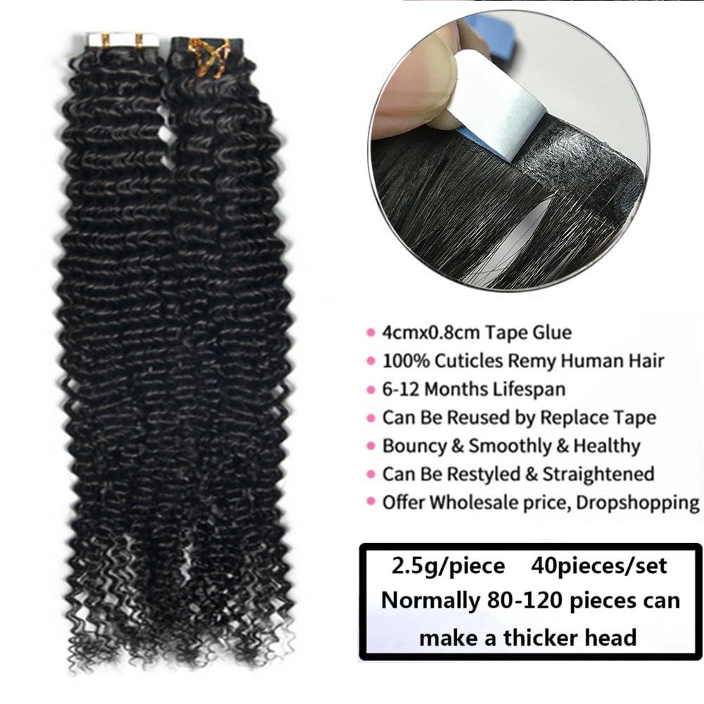 Kiss darling LASHES Deep Curly Tape In Hair Extensions Human Hair Deep Wave Tape In Hair Extensions Human Hair 40pcs/100g Tape Ins for Black Women Human Hair 22\"Inch