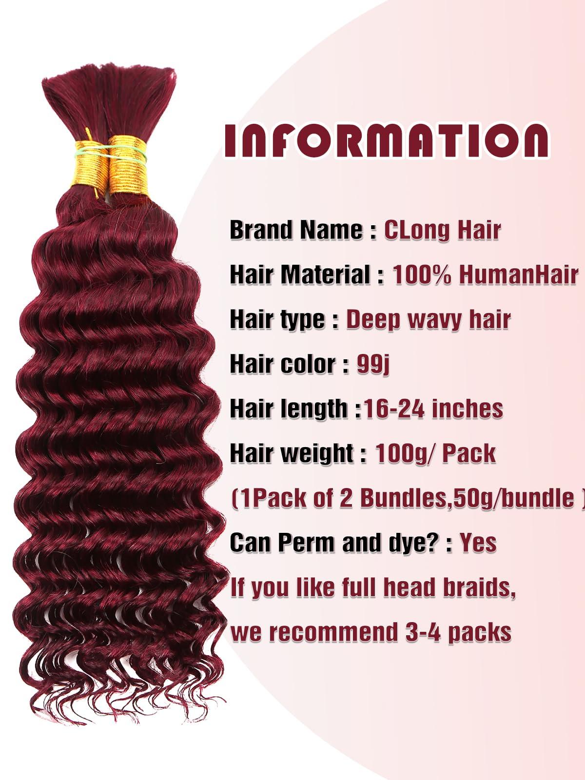 CLong 99J Burgundy Human Braiding Hair Deep Wave Bulk Human Hair for Braiding, No Weft Curly Braiding Hair Extensions for Boho Braids Wet and Wavy Braiding Human Hair Bundles(22inch,99j,100g)