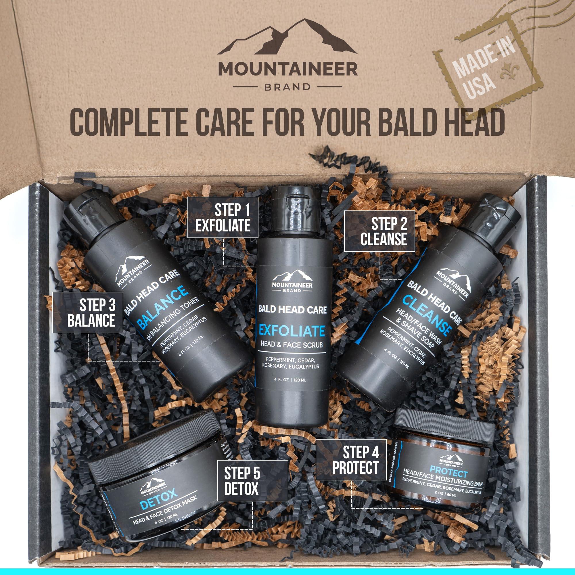 Mountaineer Brand, 100% Natural Always Mountaineer Brand Bald Head Care Gifts For Bald Men | All Natural 3 Step Daily Skin Care for Healthy Scalp & Face | Exfoliate Scrub | Cleanse Wash | Shine Away PH Balance