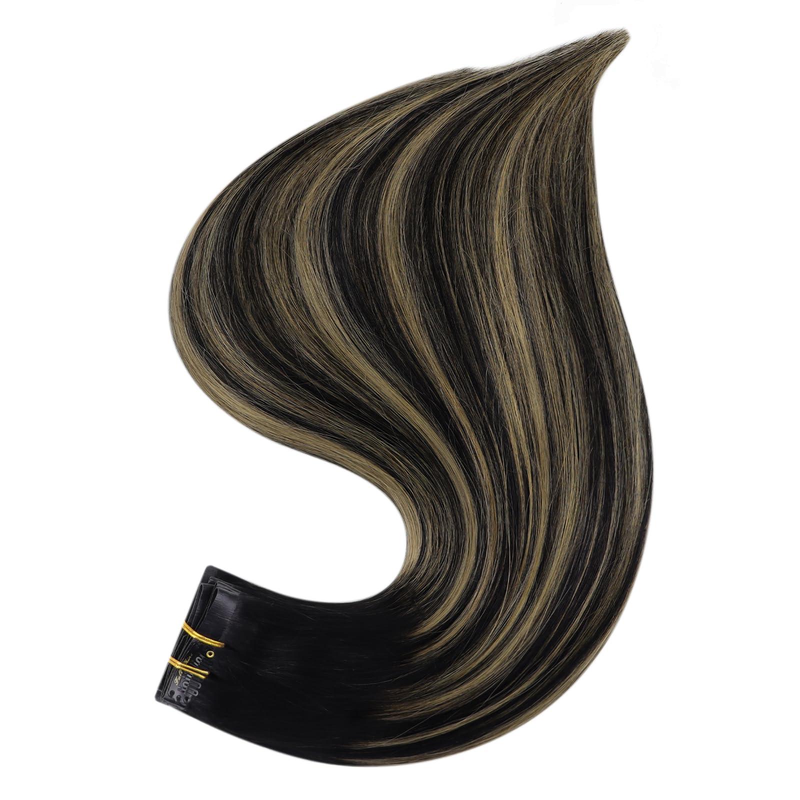 Full Shine Full Shine Human Hair Extensions Balayage Clip in Hair Extensions Off Black to Black With Caramel Blonde Hair Extensions Real Human Hair PU Weft Straight Black Blonde Hair Extensions 120Grams 18 Inch