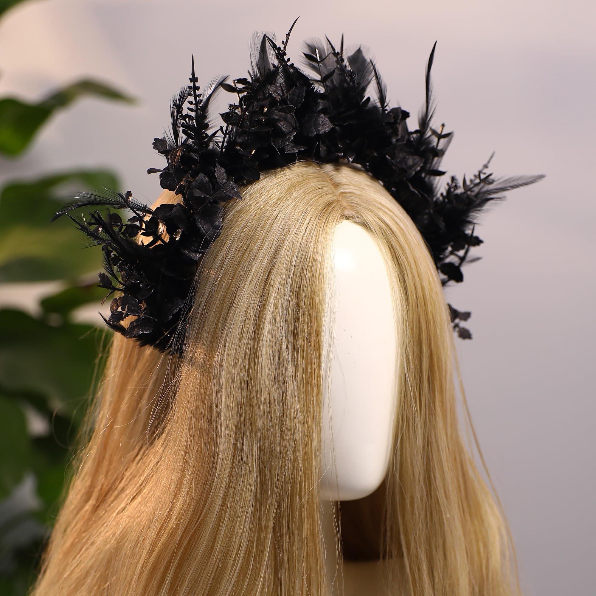 MOSTORY MOSTORY Black Feather Halo Crown - Handmade Dark Feather Headband Gothic Floral Hairband for Women Girls Witch Goth Wedding Renaissance Cosplay Prom Party Fae Ball Photo Shoot