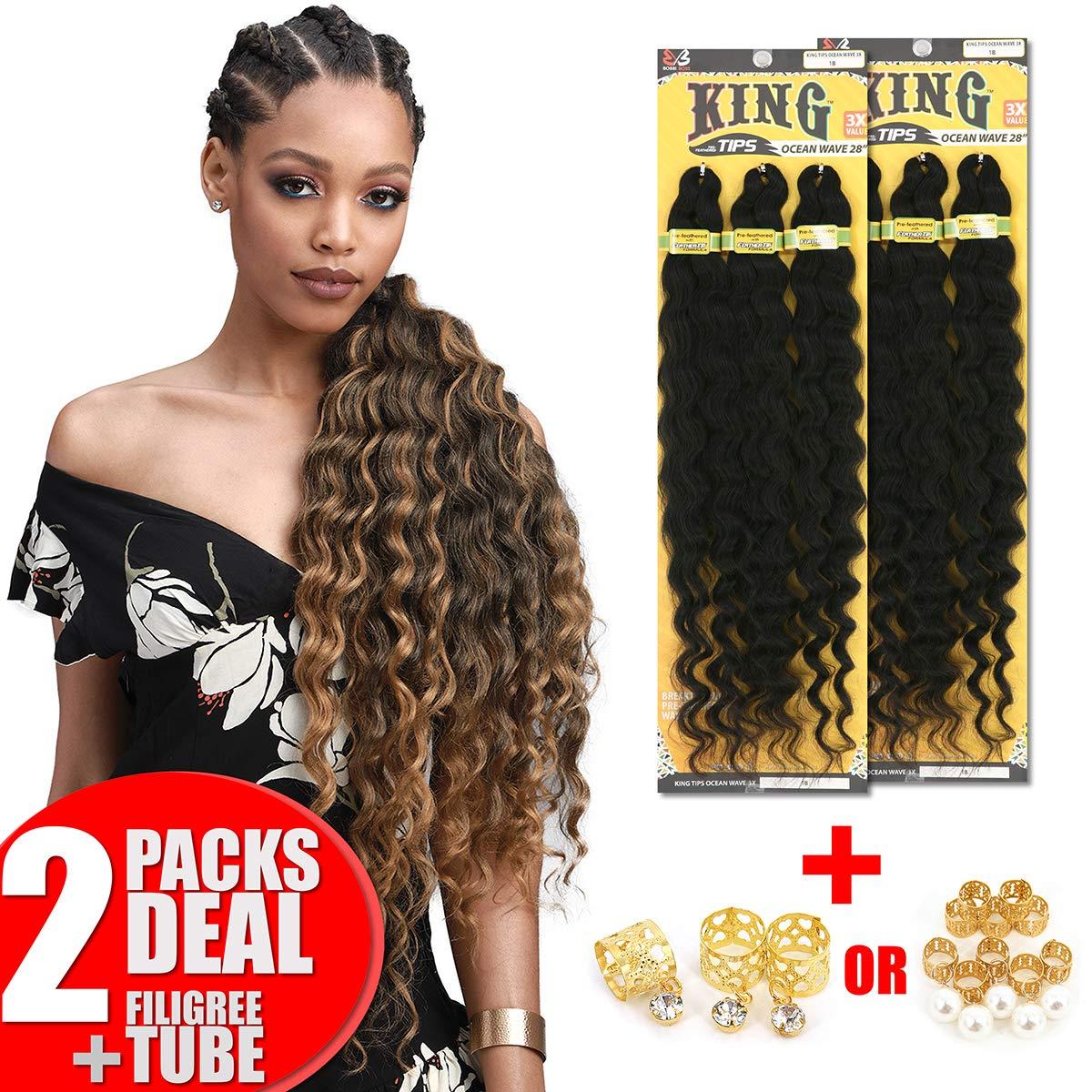 BOBBI BOSS [2PACKS DEAL] Bobbi Boss King 3X Value Pre-Feathered Ocean Wave 28\" Braid KINGTIPSOC28X3 with Gold Filigree Tube 3pcs (1B)