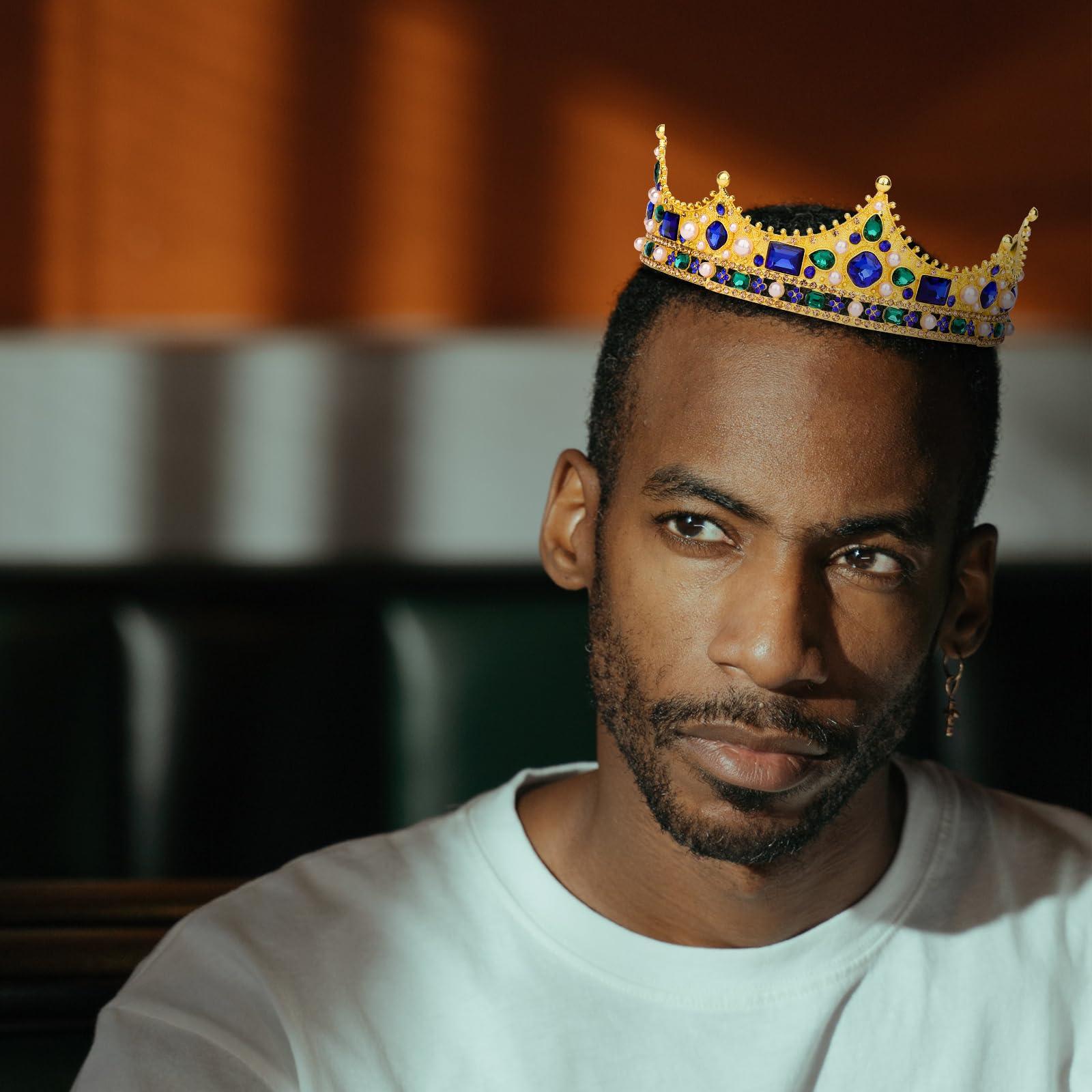 CIEHER King Crown, CIEHER King Crowns for Men Women Crystal Baroque Royal Crown Prom Crown Tiara Evil Crown Luxury Rhinestone Blue & Green Crown for Birthday King Halloween Cosplay Party Birthday Decorations