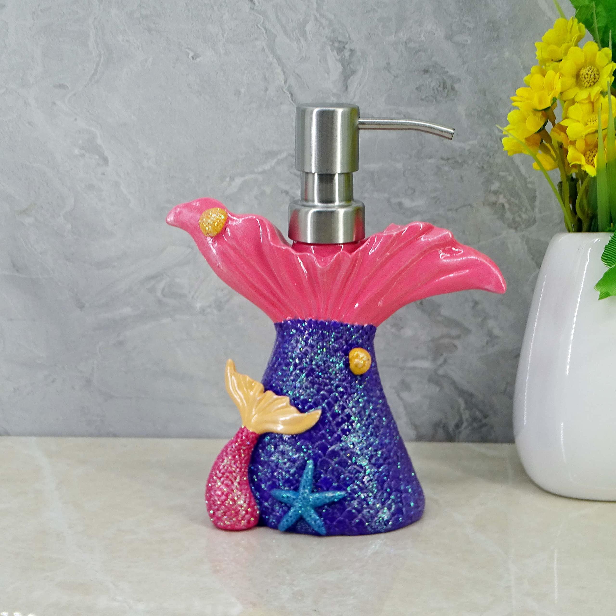 YHHRESINKING Mermaid soap Dispenser for Bathroom Kitchen, Resin Lotion Dispenser, Liquid Hand soap Dispenser with Pump Bottle for Kitchen Sink and Bathroom Lavatory, Home Decor Organizer (Purple)