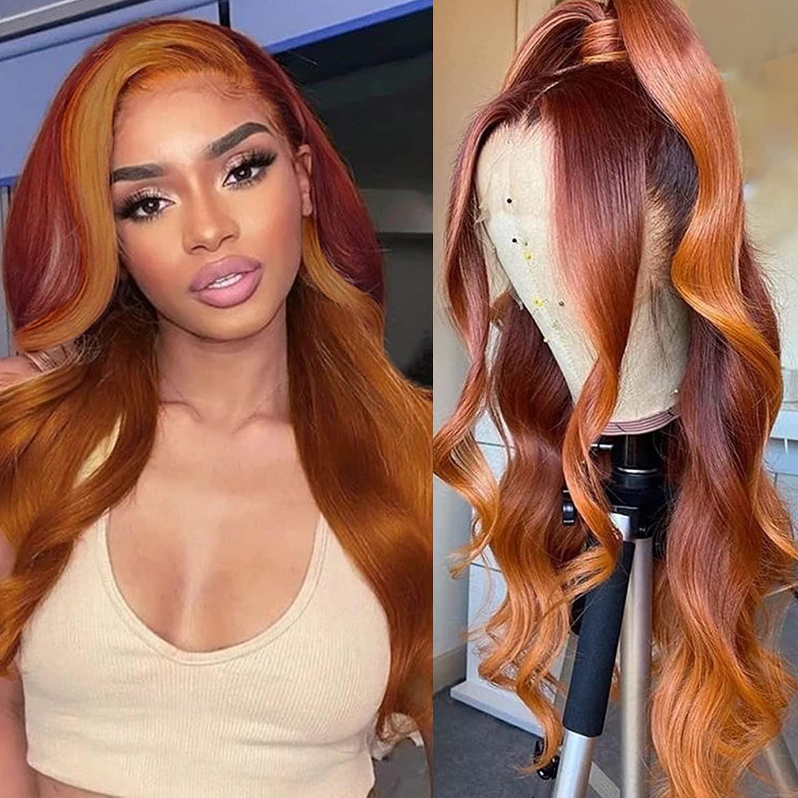 haha haha Orange Red Ombre Wig Human Hair Ginger Highlight Ombre Lace Front Wigs Body Wave Lace Frontal Wig 13x4 Burgundy Ginger Skunk Stripe Lace Front Wig Pre Plucked 150% Density 24 Inch