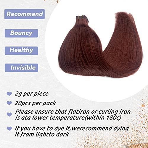 Smavida Dark Auburn Remy Tape in Hair Extensions Premium 100% Human Hair with Invisible Tape Attached Semi Permanent Hair Extensions 24Inch Silk Straight Human Hair Extensions 70grams for Girls/Women