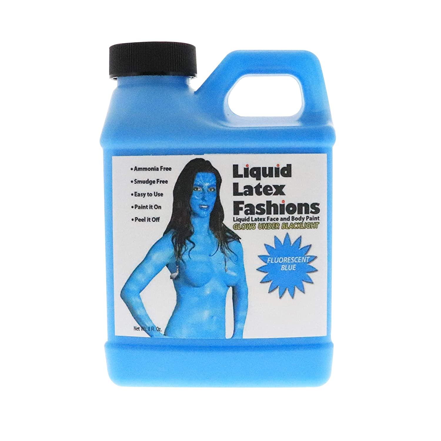 Liquid Latex Fashions Fluorescent Blue 8 Oz - Liquid Latex Face and Body Paint, Black Light UV Reactive GLOW, Ideal for Cosplay, Costumes, Concerts, Halloween and Theater, Parties!