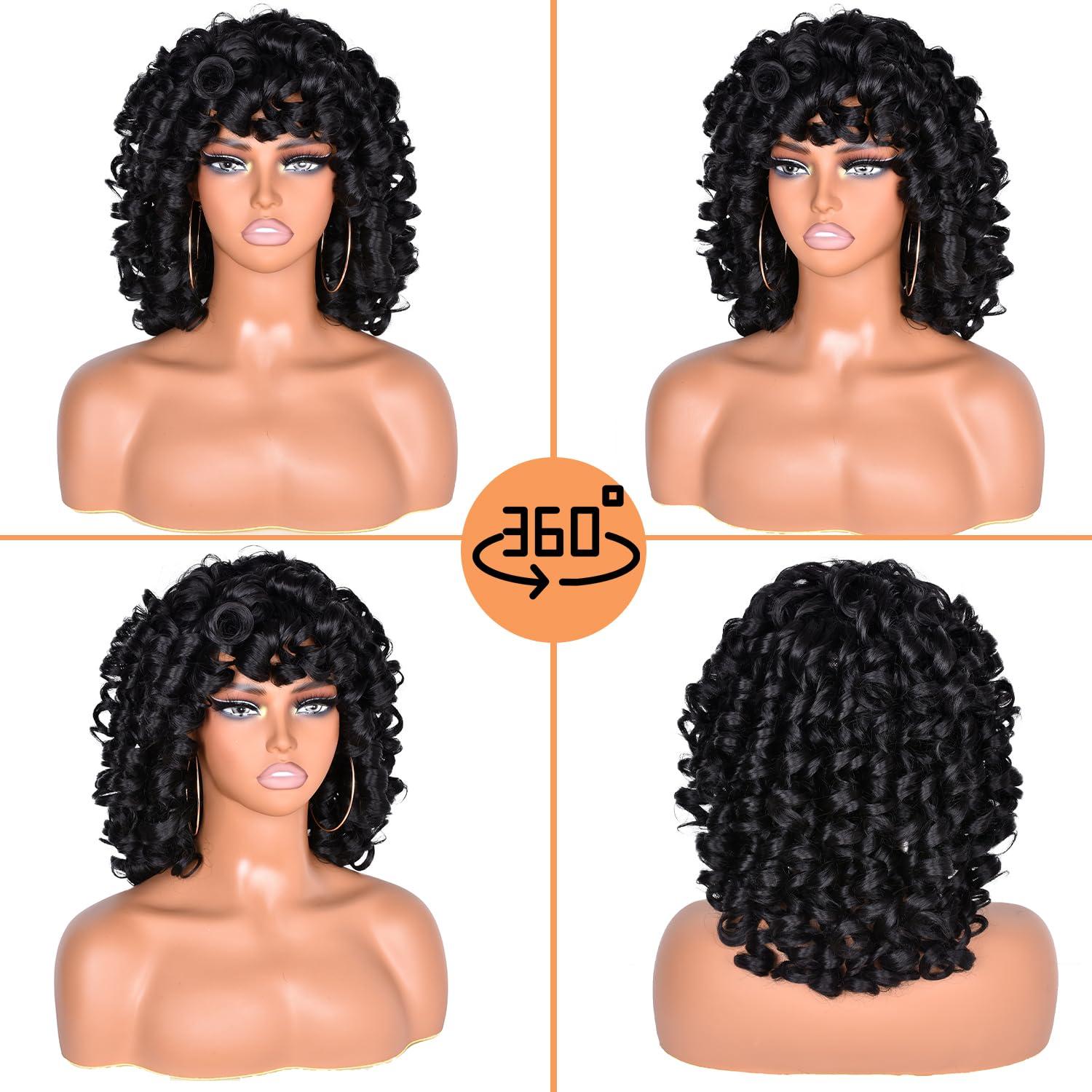 CurlCOO CurlCOO Black Curly Wigs for Black Women Short Curly Wig with Bangs Soft Big Loose Cute Afro Kinky Curly Hair 14 Inch Synthetic Wig for Black Women(Black)