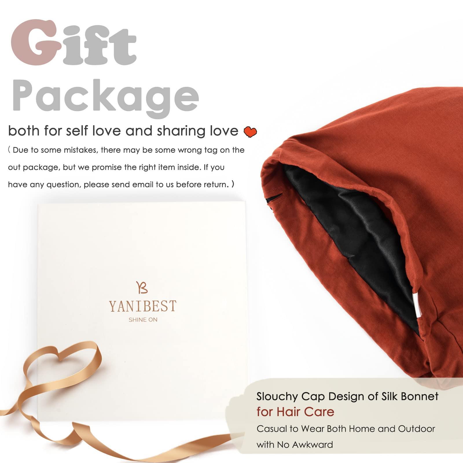 YANIBEST YANIBEST 100% Mulberry Silk Lined Sleep Cap Silk Bonnet for Sleeping - Orange Hair Cover Bonnet for Natural Hair Adjustable Slouchy Beanie Hat