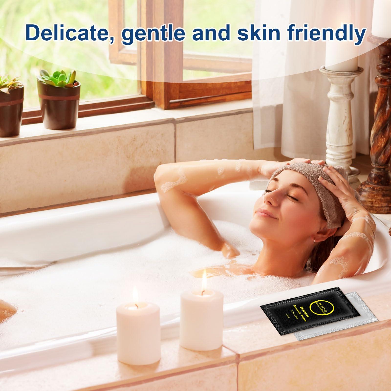 RSQAZQ Travel Size Shampoo and Body Wash Bulk, Individually Wrapped Hotel Mini Shower Gel and Small Men Women Cleansing Toiletries Amenities for Hotel Guests/ Vacation/ Homeless 0.34 oz (60 Pack)