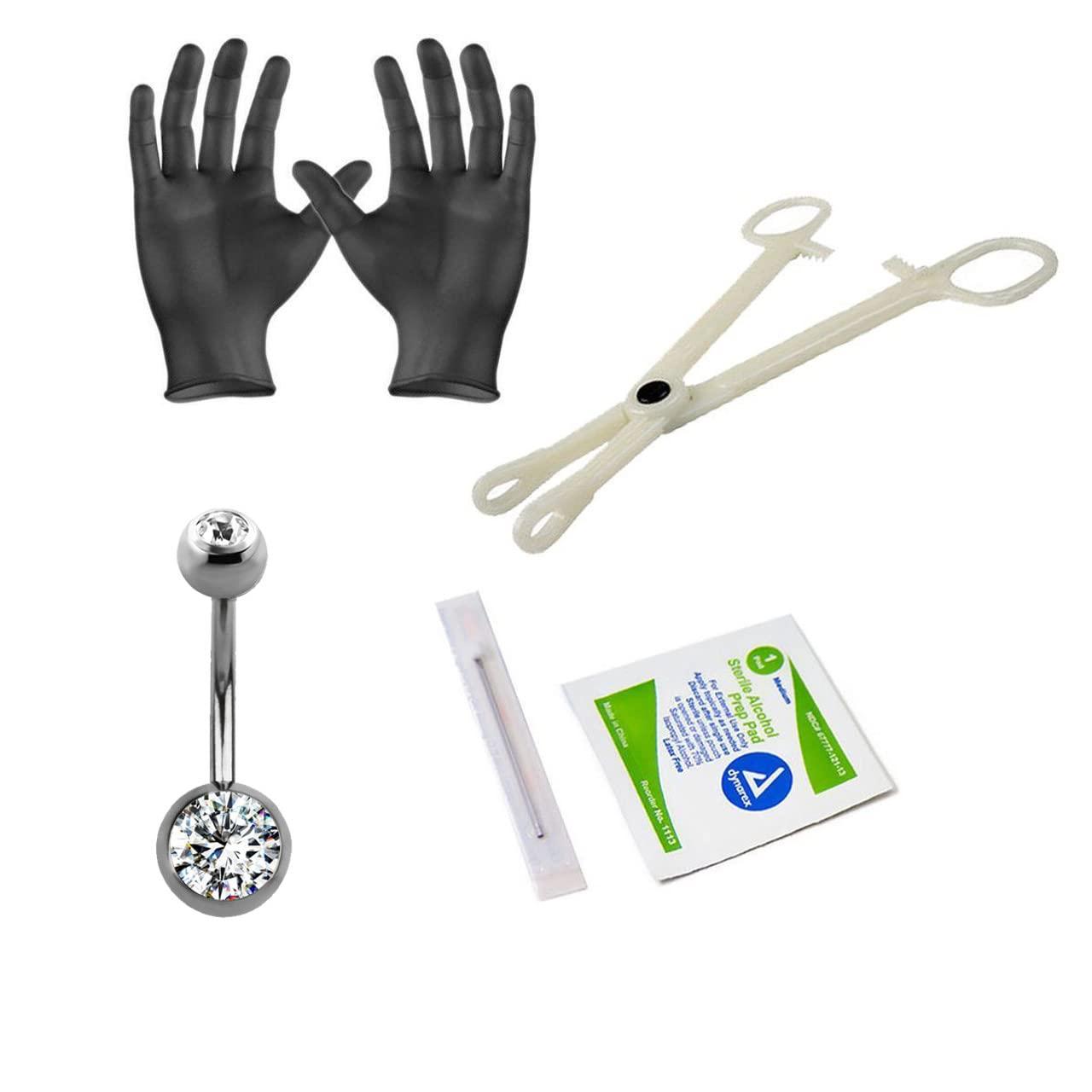 Satix Satix Belly Piercing Kit - 14G Titanium Belly Button Ring 7/16" 8mm and 5mm Gem Ball Navel Ring with Navel Piercing Needle, A-lcoholPad, Gloves, Forceps Clamp Tool Kit for Women Men
