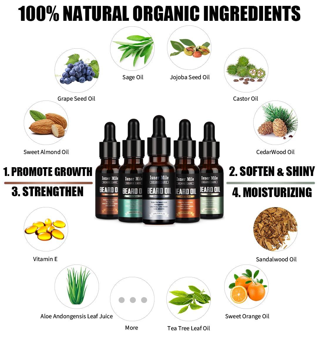 ISNER MILE ISNER MILE 5 Pack Beard Oil Set Leave in Conditioner, Cedarwood Sandalwood Sage Sweet Orange, Mustaches Soften Moisturizing, Valentines Day Gifts for Him Husband, Gifts for Men Dad Father Boyfriend