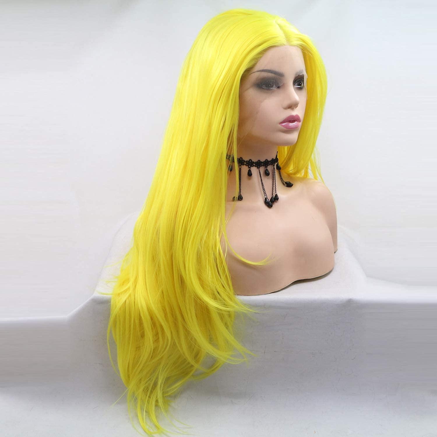 Kalisa Kalisa Yellow Lace Front Wig for Women Long Wavy Lemon Yellow Free Parting Wig Heat Resistant Fiber Synthetic Glueless Wigs Daily Wear Cosplay