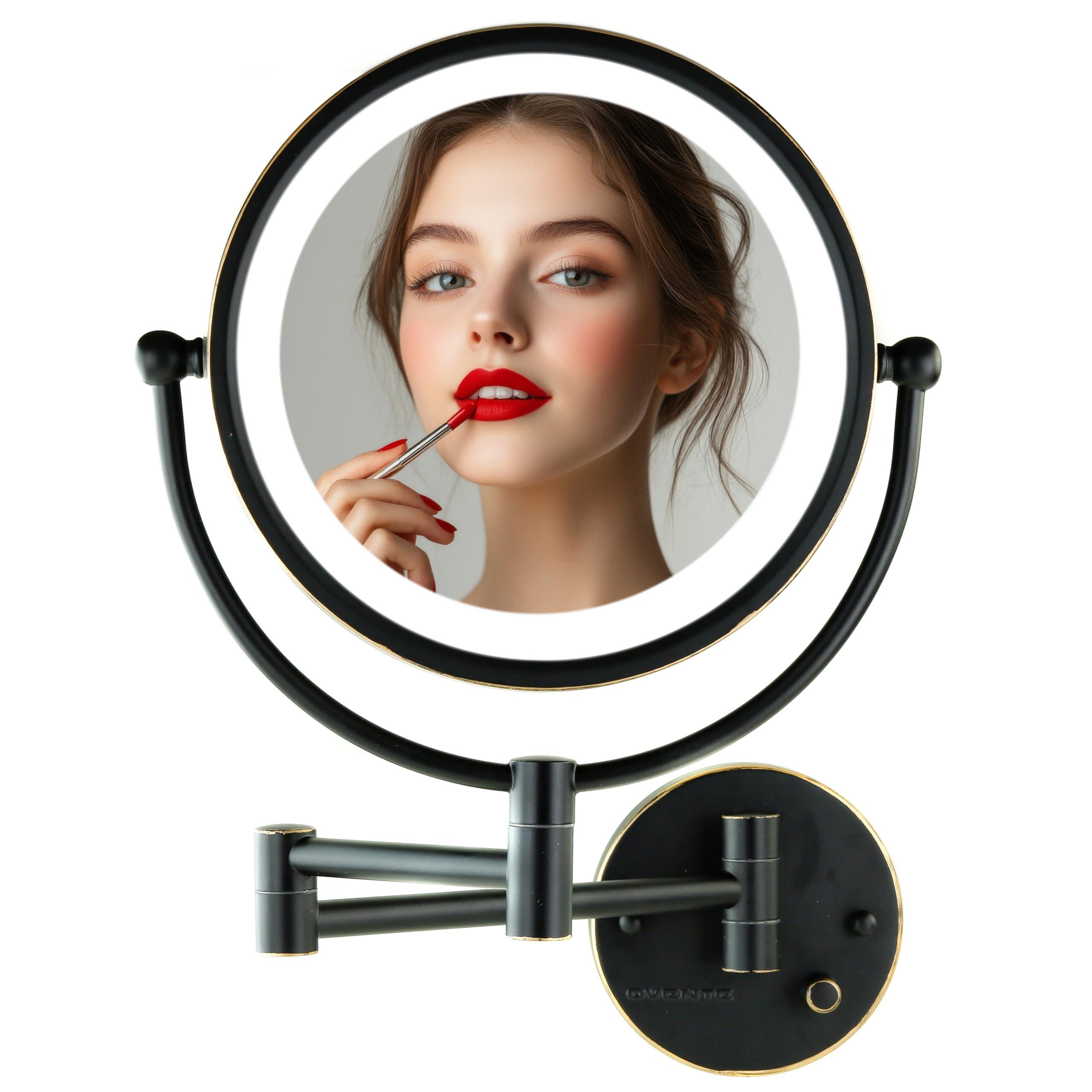 OVENTE OVENTE 9\" Lighted Wall Mount Makeup Mirror with 1X/7X Magnification, Double Sided Magnifying Vanity Mirror, LED Glow Light, 360 Swivel Design, Extendable & Folding Arm, Rubbed Bronze MPWD3185BZ1X7X