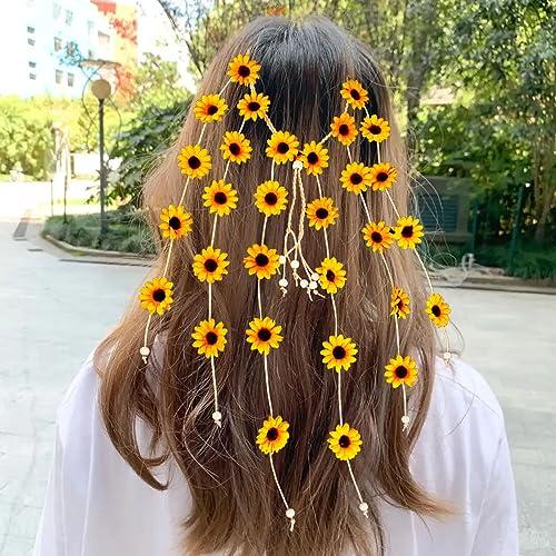 RUIFUU RUIFUU 2Pcs Flower Headband Hippie Flower Crown Sunflower Hair Accessories 60s 70s Outfits Bohemian Hair Bands Women Girls Flower Headdress Cosplay Costume Hair Accessories