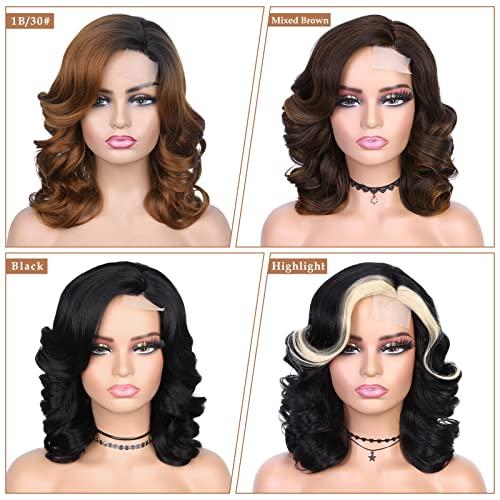 HANNE HANNE Short Curly Lace Part Loose Wave Synthetic Wigs for Black Women High Density Heat Resistant Omber Brown Curly Lace Wig (1B/30#)